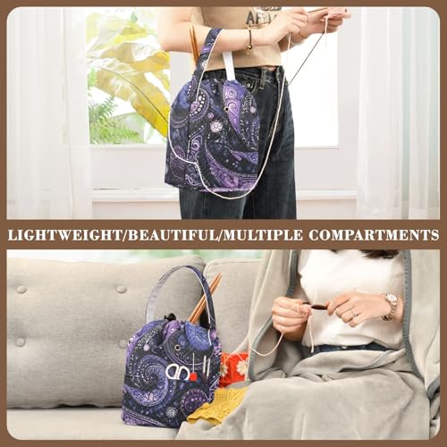Image of Tatenale Crochet Bag Yarn Bag Knitting Project Bag with Pockets and Handle Portable Yarn Storage Organizer Tangle Free 8.3x11 InchPurple Paisley30