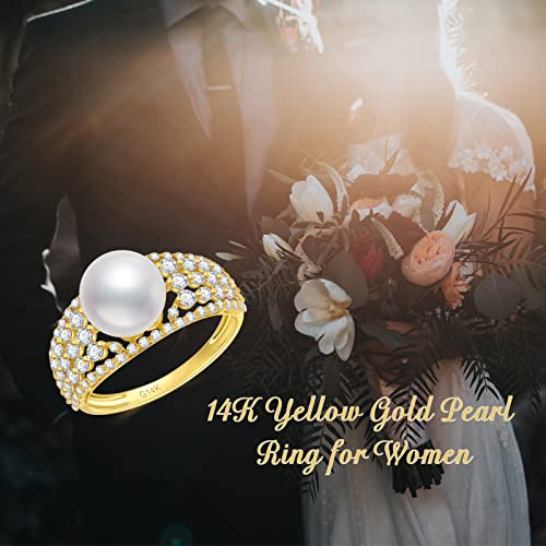 SISGEM Solid 14K Gold 9MM Freshwater Pearl Wedding Ring for Women,Yellow Gold 5A CZ Pearl Engagement Ring/Wedding Anniversary Birthday Gifts for Her,Size 5-113