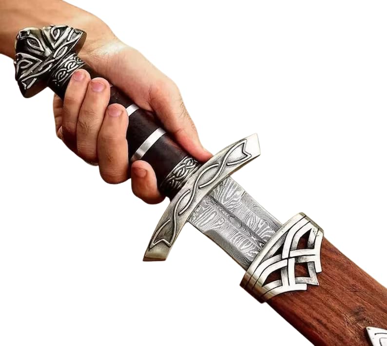 37-Inch Damascus Steel Viking Sword with Wooden Scabbard | Full Tang Norse Style Blade | Handmade...