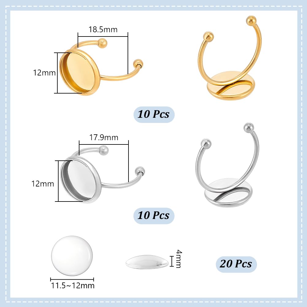 UNICRAFTALE 20 Ensembles Bagues Cabochon Acier Inoxydable 12mm - 2 Couleurs Pour Fabrication Bijoux DIY
