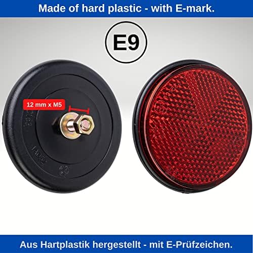 Round Screw-On Reflectors Pack of 4 in Red with Black Edge, Diameter 59 mm with E-Mark, Includes Thread and Nuts, Safety Reflector Trailer, Caravan, Cat's Eye Right Left