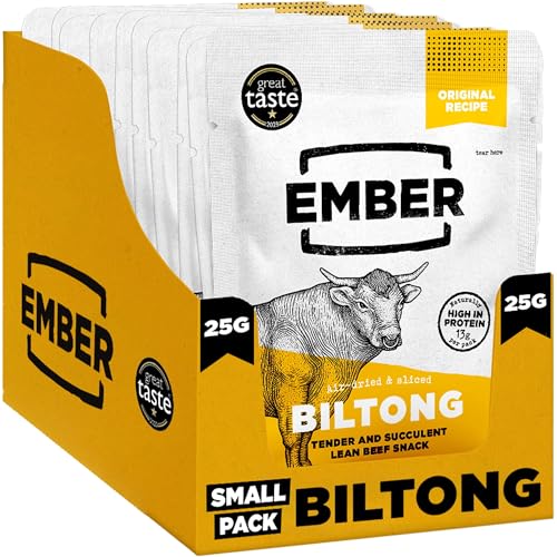 Ember Beef Biltong Originale 250g - Snack Proteico Jerky di Carne Secca - Pochi Grassi, Senza Zuccheri Aggiunti, Keto, Senza Coloranti o Aromi Artificiali - 10 Bustine da 25g