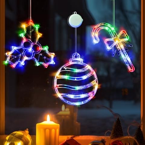 LOLStar Christmas Window Lights, 3 Pack Multicolor Christmas Ball, Holly Berry, Candy Cane Lights with Suction Cup, Timer Function and Slow Fade Mode Battery Operated Lights for Christmas Decoration Cover