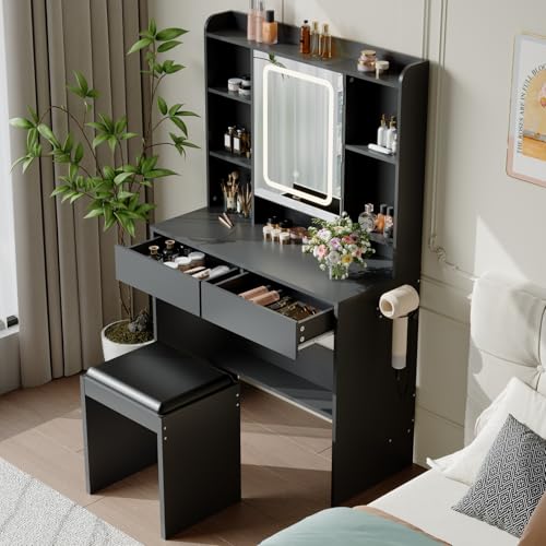 GarveeHome Vanity Desk with Mirror and Lights, for Bedroom,Adjustable 3 Color Lights Modes,Includes Padded Stool, Makeup Table Set with Hidden Storage Shelves, USB Outlets, Hairdryer Holder