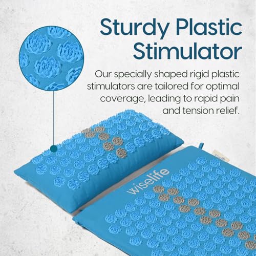 Image of Wiselife Acupressure Mat and Pillow Set with Bag - Large 71x44 cm Spike Acupressure Mat for Back & Neck Pain Relief, Muscle Relaxation, Stress Relief & Sciatica Support (Light Blue)