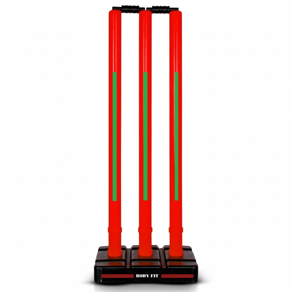Bodyfit Premium Heavy Cricket Stumps | Red Plastic Wickets Set with 3 Stumps + 2 Bails + 1 Stand | Full Size Wickets for Cricket Ground, Tournament Wicket, Red-Green.-picture-23