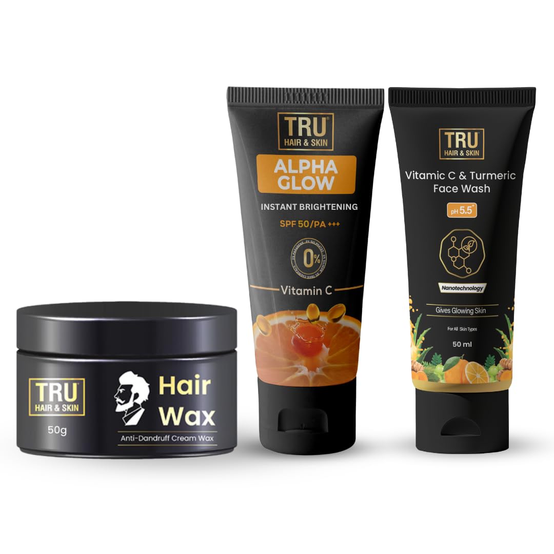 TRU HAIR & SKIN Nanotechnology Facewash-50ml + Alpha Glow Instant Brightening Cream-25ml + Hair Wax Cream-50gm | COMBO