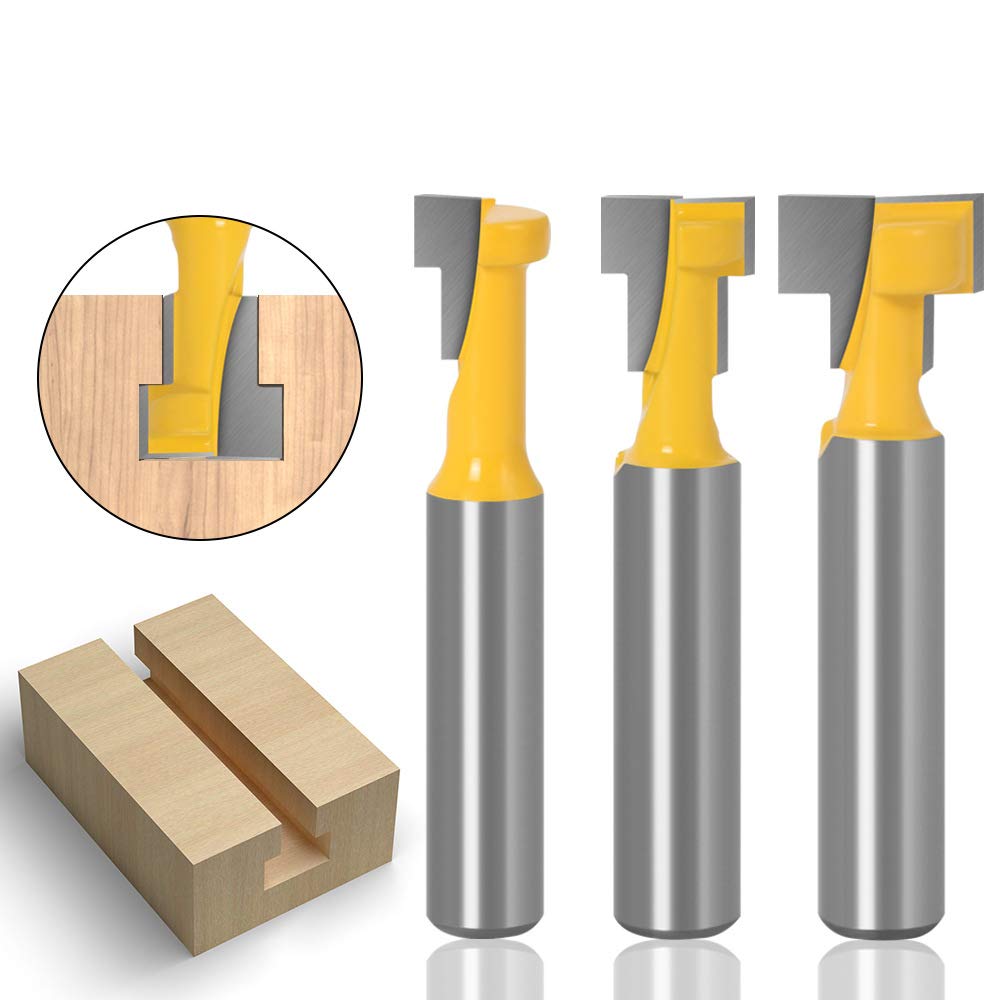 8mm gambo T-Slot carburo di cemento con lavorazione del legno Cutter Router Cnc Bit, 3Pz T-Slot Track Fresa Legno Fresatrice Verticale Giallo