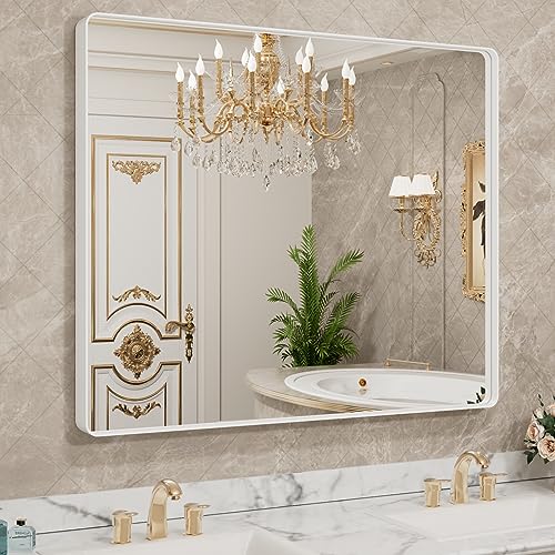 LOAAO 48x40 Inch White Metal Framed Bathroom Mirror for Wall, Large Rounded Rectangle Mirror, Anti-Rust, Tempered Glass, Hangs Horizontally or Vertically