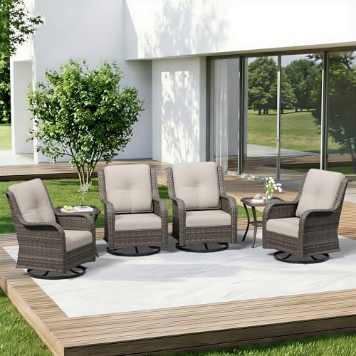 Image of 6 Piece Outdoor Wicker Patio Furniture Set, Outdoor Swivel Rocker Patio Chairs Set with Thickened Olefin Cushions, High Back and Deep Seating, Hand-Woven PE Rattan for Porch, Deck