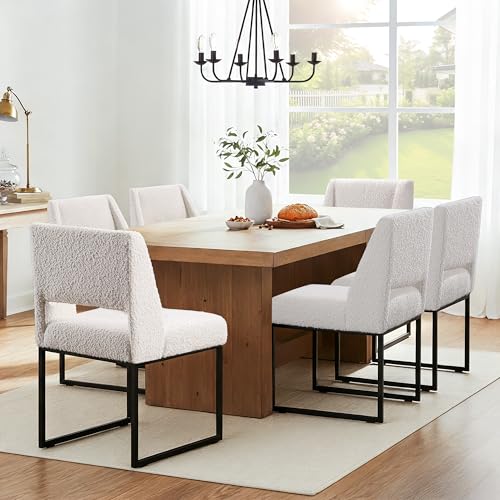 Image of Zesthouse Upholstered Dining Chairs Set of 6, Modern Dining Room Chairs with 4.1 inch Thickened Cushion & Metal Legs, White Boucle Fabric Kitchen Chair with Padded High Back, Heavy Duty Kitchen Chair