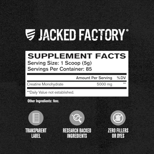 Image of Jacked Factory Creatine Monohydrate Powder 425g - 5g Daily Creatine Supplement for Men and Women, Vegan-Friendly, Third-Party Tested - 85 Servings, Unflavored (Pack of 2)