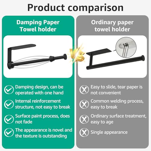 Image of Mbillion Matte Black Ratchet Mechanism Paper Towel Holder | Wall mounte and self-adhesive under cabinet paper towel rack, one-handed tear stainless steel for kitchen