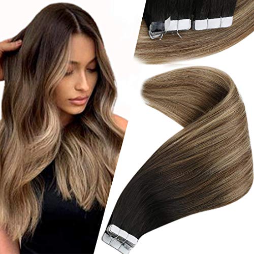 VeSunny Ombre Tape in Hair Extensions Darkest Brown to Blonde Highlighted 18inch Tape Hair Extensions Skin Weft Balayage Brown Ombre Blonde Highlighted Tape in Extensions 20pcs 50g