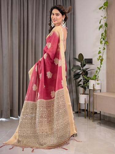 Image of ALMAARI FASHION Handloom Cotton Saree, Pink and Beige with Lotus Motifs, Silver Zari Border, 5.5 Metres