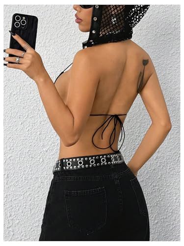 SHENHE Women's Sexy Y2k Gothic PU Leather Triangle Halter Fishnet Hooded Micro Crop Top Punk Clubwear2