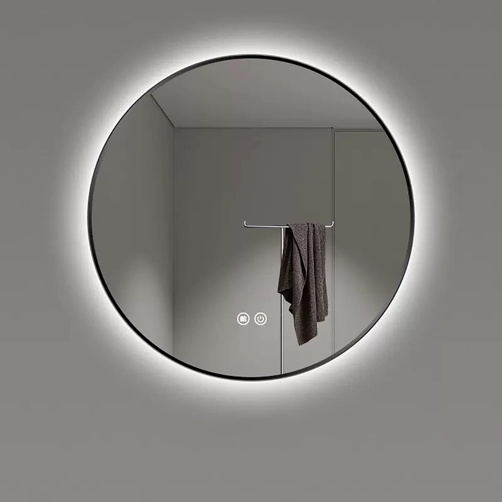 80X80CM,Espejo Baño Redondo,Espejo con Marco Negro,Espejos Pared Retroiluminado Antivaho con Luz,3 luzes ajustável,con Interruptor táctil y Función Antivaho,Moderno, Minimalista. ( Size : 32in/80CM )