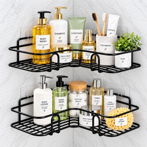 Image of LUMONY Set of 2 Bathroom Organiser Without Drill | Metal Corner Shelf Rack | No Drilling Self Adhesive Wall Mounted Storage Organizer | Rustproof Bathroom-Kitchen Shelves 8-9 Inch (Black)