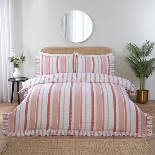 Rapport Home Juego de Ropa de Cama con Volantes, Juego de Funda de edredón Reversible a Rayas Maya, Funda de edredón tamaño Individual, Color Rosa