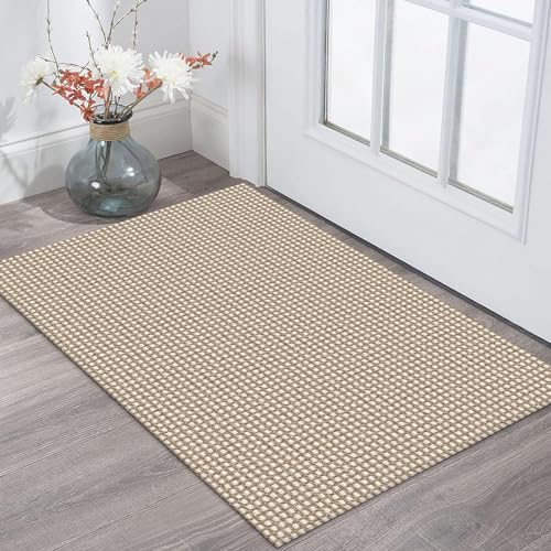 KOZYFLY Indoor Door Mat 2x3 ft Small Area Rugs Washable Front Door Mat Non Slip Rubber Backed Entryway Rug Cotton Entrance Doormat for Front Porch Bathroom Kitchen Bedroom, Ivory/Khaki