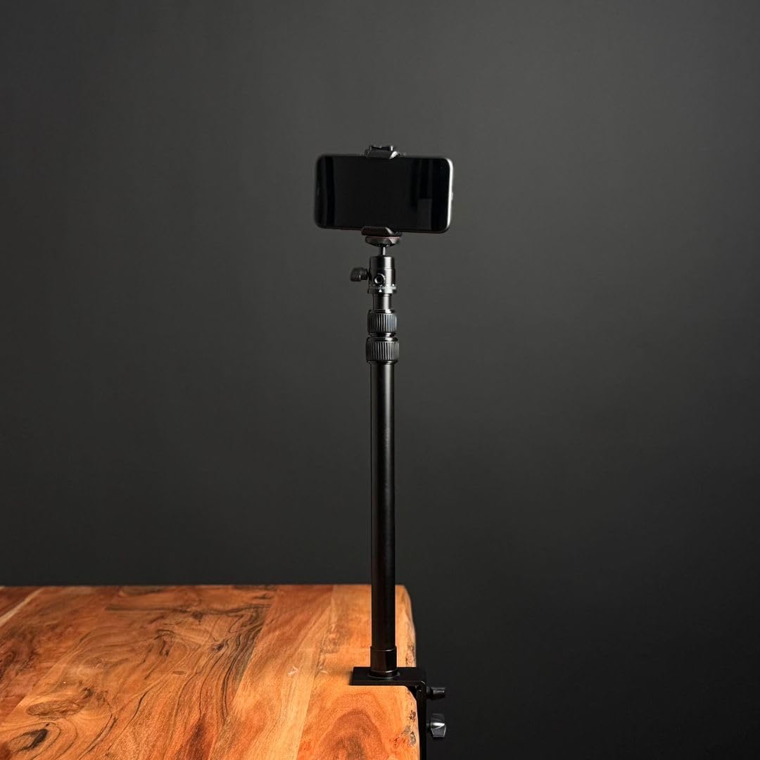 MOJOGEAR Ausziehbares Stativ mit Tischklemme – Höhenverstellbar 42-100 cm, inkl. Kugelkopf & Handyhalterung für Kamera, Licht & Mikrofon, Tischhalterung für Streaming, Video & Fotografie