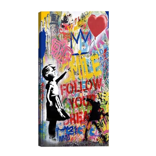 Imprimé sur toile graffiti Banksy petite fille avec ballon coeur pop art 60x30