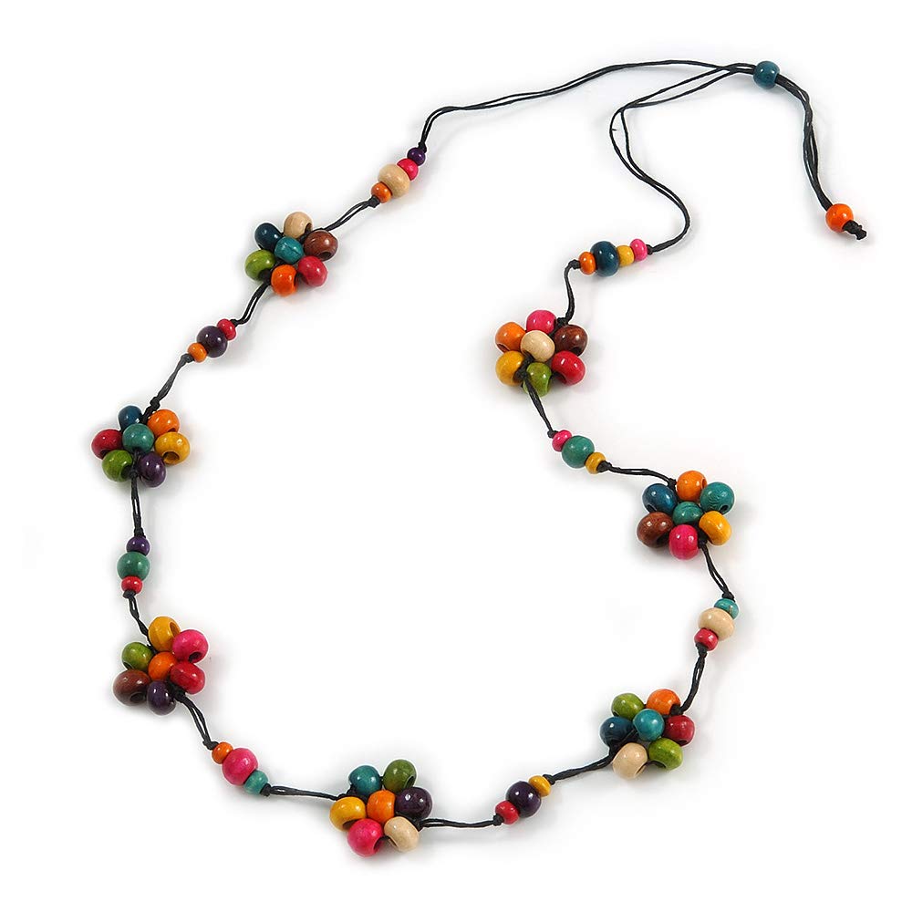 Avalaya Collana lunga in cordoncino di cotone nero con fiore in legno rosso ciliegia, lunghezza 90 cm