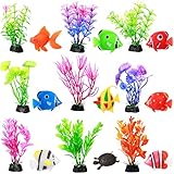 Fish Tank Decorations, Artificial Aquatic Plants and Artificial Fishes Floating Decorations for Small Aquarium, Plastic Fake Fish,Turtles,Goldfish,Tropical Fish for Fish Bowl Decoration (25 Pcs)