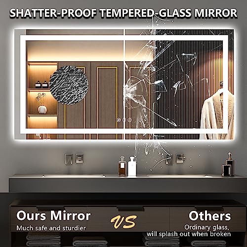 Image of 72x36 Inch LED Bathroom Mirror with Lights Front and Backlit Lighted Vanity Mirror for Bathroom Wall with 3 Colors Dimmable Anti-Fog Memory Shatter-Proof IP54 Waterproof Horizontal /Vertical