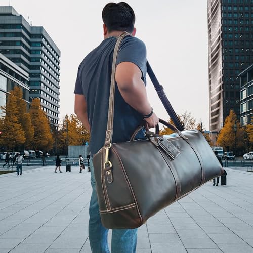 Image of 24 inch Leather Duffle Bag for Men & Women, Full Grain Leather Travel Overnight Weekender Sports Gym Carry On Duffel Bag by Rustic Town (Walnut Brown)