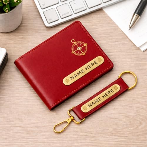 Image of Premium Customized Wallet & Keychain Combo for Men - Stylish Faux Leather Gift Set with Personalized Name & Charm - Ideal Birthday, Anniversary & Festival Present (Red)