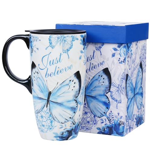 Taza de Cerámica de 17 oz con Tapa y Asa, Diseño Mariposa miniatura 1