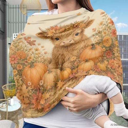 Image of Wanyint Baby Car Seat Cover Carseat Canopy for Boys Girls, Multi-Use Nursing Breastfeeding Cover Nursing Scarf for Breastfeeding Mothers Fall Decor, Highland Cow Pumpkin Maple
