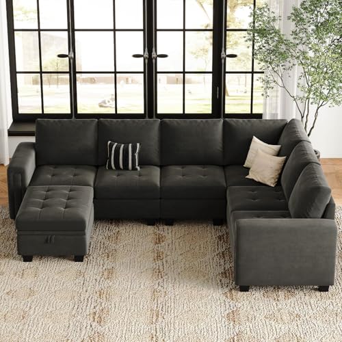 Belffin Modular Sectional Sofa Couch 7-Seater Convertible Sectional Sofa Velvet Modular Sectional with Storage Ottoman L Shaped Couch with Chaises Grey 7-seater sofa Grey