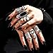 17IF 60 PCS Vintage Silver Goth Ring Set for Women, Punk Boho Chunky Knuckle Stackable Finger Ring Pack Aesthetic Grunge Adjustable Retro Stone Opal Crystal Cat Snake Flower Gothic Rings