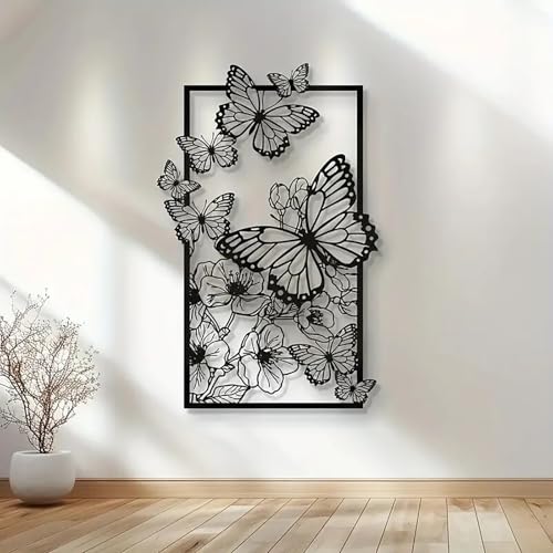 LLSZAHD Decorazione Murale da Esterno in Metallo Nero, Scultura da Parete Farfalle Decorative, Stile Bohémien Quadri Moderni Soggiorno con Cornice, per Camera da Letto, Bagno, 30 * 20cm