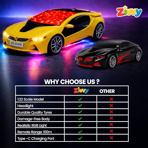 Image of Yellow Rechargeable Remote Control Car Toy, RC Racing Vehicle for Children, High Speed, 3D LED Light Car, Kids Battery Car, RC for Boys & Girls, Toys for Kids, Birthday Gift for Boys and Girls