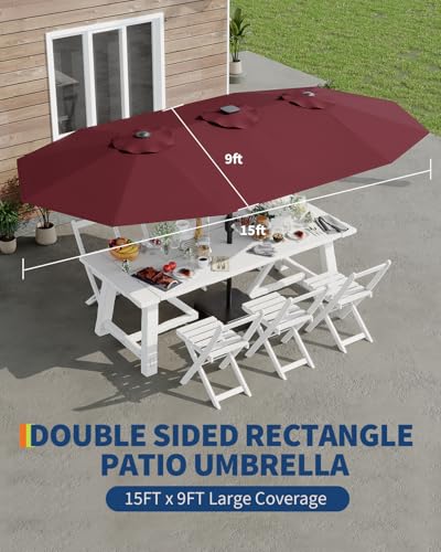 15FT Large Patio Umbrella with Base and Solar Lights, Double-Sided Rectangle Umbrella Oversized Shade for 8-10 People,36 LED Lights and Weighted Base for Pool, Deck, Backyard