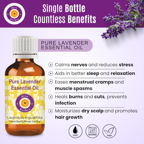 Image of Deve Herbes Lavender Essential Oil (Lavandula angustifolia) Pure | Non-Sticky | Non-greasy | Lightweight | Men & Women | All Skin Types | Steam Distilled 15ml