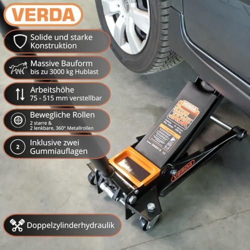 Verda Wagenheber hydraulisch 3T, 75-515mm, 2X Gummi, mit Schmiernippel, Montagehandschuhe Extra...