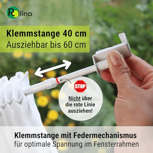 Rollina Gardinenstange zum Klemmen ohne Bohren | Klemmstange für Gardinen & Scheibengardinen | Vorhangstange Klemmstange ausziehbar 40–60 cm und Rahmenstärke 13-17 mm | Vitragenstange weiß Metall