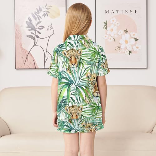 ALAZA Watercolor Tropical Palm Leaves Leopard Pajamas Satin Pajama Set Short Sleeve Button Down Sleepwear4