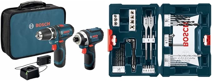BOSCH CLPK22-120 12V Max Cordless 2-Tool 3/8 in. Drill/Driver and 1/4 in. Impact Driver Combo Kit with 2 Batteries, Charger and Case & Bosch MS4041 41-Piece Drill and Drive Bit Set