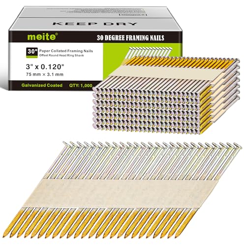 meite 30 Degree Framing Nails 3-Inch x .120-Inch Ring Shank Paper Collated Nails for 30-34 Degree Framing Nailer Gun, Electro-Galvanized Offset Round Head Framing Nails for Decking Sheathing 1,000PCS