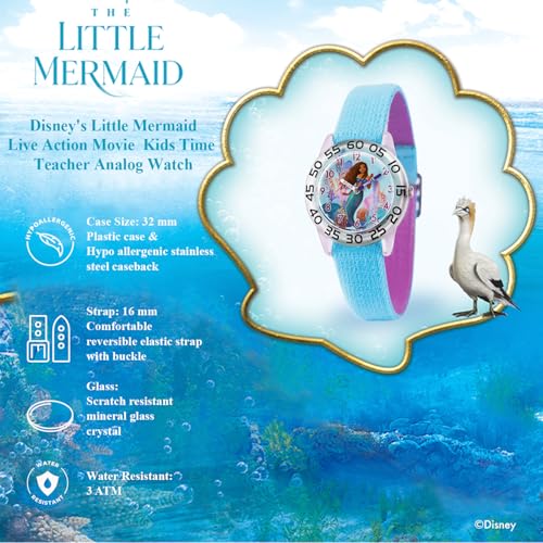 Disney Little Mermaid Watch for Girls Ages 4–7 Featuring Ariel Princess Gift for Kids Learning to Tell Time – Character Dial, Clear Bezel with Black Numbers, Blue Nylon Strap with Velcro4