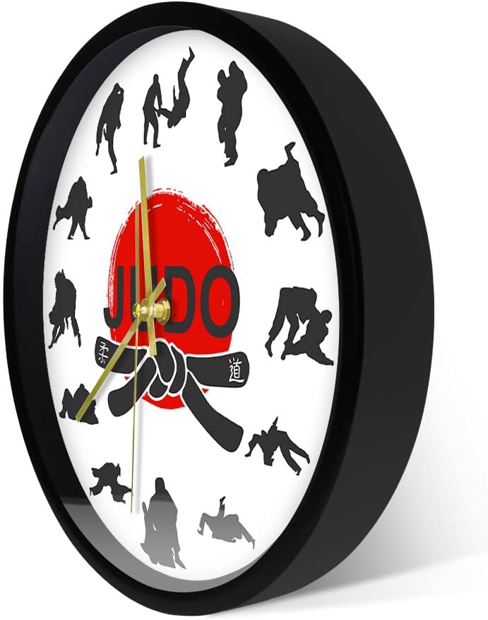 Japanese Martial Arts Judo Metal Frame Wall Clock, Jiu-Jitsu Sports Fighting Art Decor Hanging Silent Non-Ticking Battery Operated Clock Wall Watch with Aluminum Frame for Boys Room