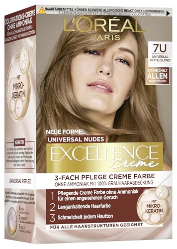 L\'Oréal Paris Permanente Haarfarbe für jeden Hautton, Coloration ohne Ammoniak, Universale Nude-Töne mit vollständiger Grauhaarabdeckung, Excellence Creme, Nr. 7U Mittelblond (Blond), 1 Stück L\'Oréal Paris Permanente Haarfarbe für jeden Hautton, Coloration ohne Ammoniak, Universale Nude-Töne mit vollständiger Grauhaarabdeckung, Excellence Creme, Nr. 7U Mittelblond (Blond), 1 Stück