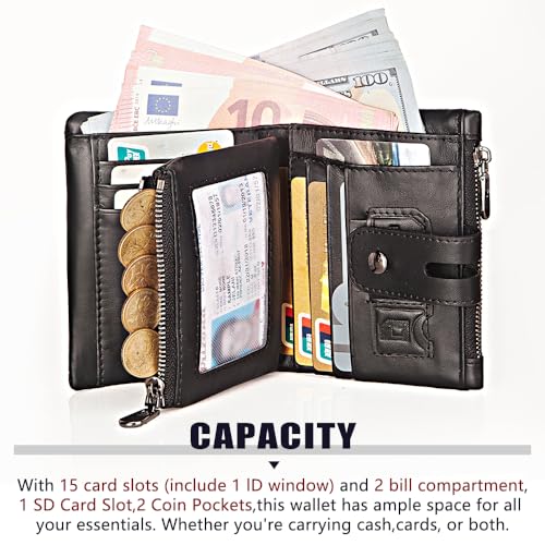 Anti-Theft Mens Wallet with Chain Genuine Leather ID Window Purse with RFID Blocking Bifold Double Zipper Coin Pocket3