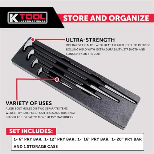 K Tool International 71600 4 Piece Pry Bar Set for Garages, Repair Shops, and DIY, Lady Slipper Style, Heavy Duty Heat Treated Steel, Rolling Head, Organizing Case, Includes Sizes 6", 12", 16", 20" - Image 8