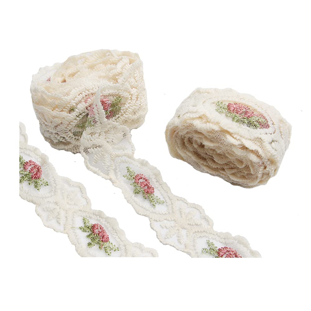 Acxico 2Yard Beige & Light Pink Embroidered Ribbon Lace Trim/Sewing/Craft/Bridal